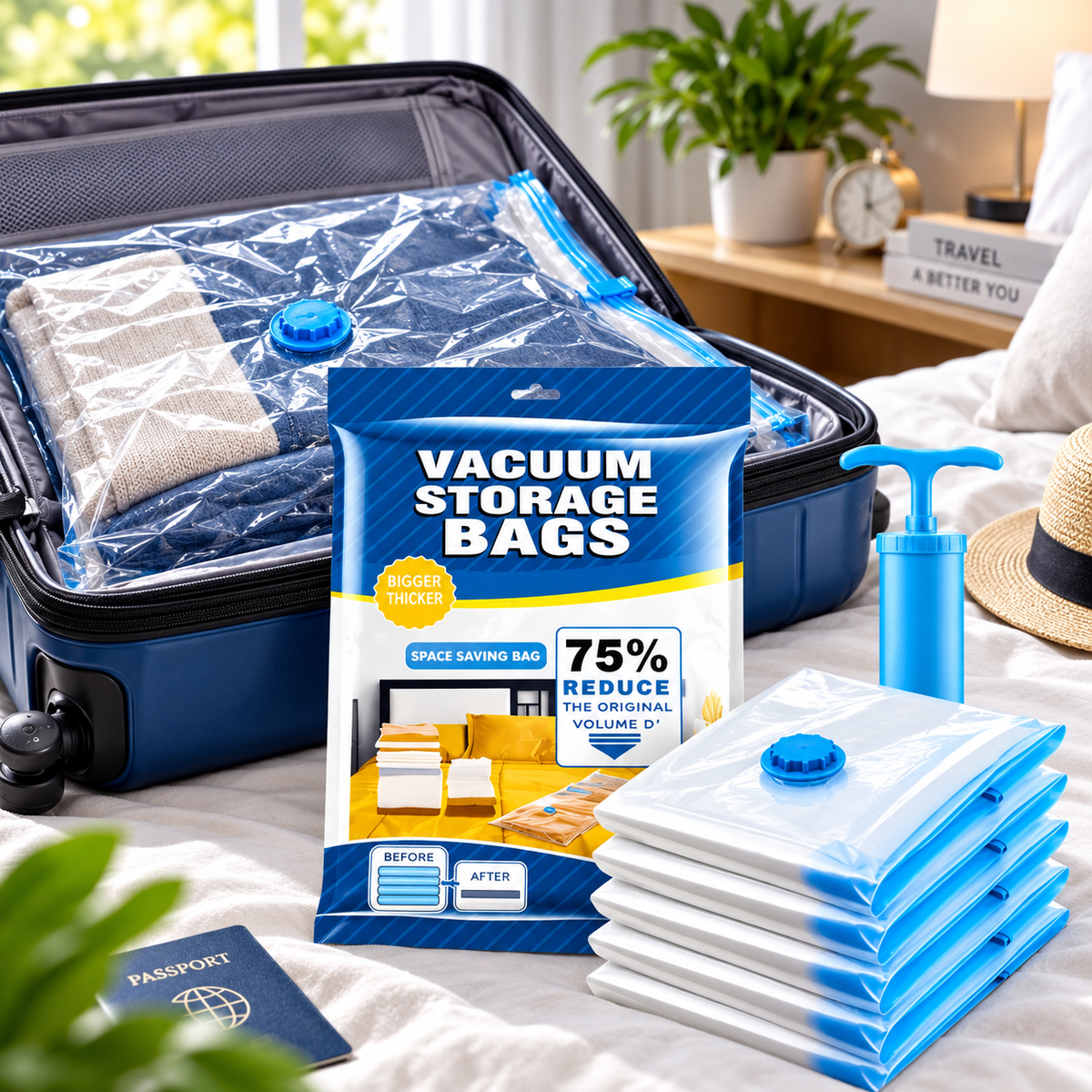 5-in-1 Vacuum Storage Bags with FREE Hand Pump – Space Saving Bags for Clothes, Bedding & Travel
