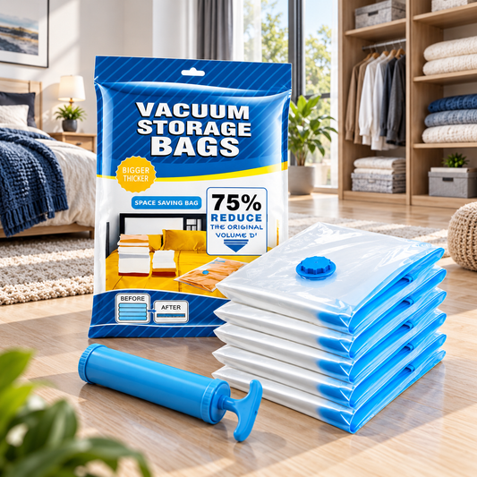 5-in-1 Vacuum Storage Bags with FREE Hand Pump – Space Saving Bags for Clothes, Bedding & Travel