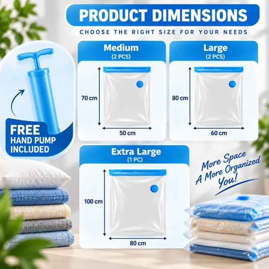 5-in-1 Vacuum Storage Bags with FREE Hand Pump – Space Saving Bags for Clothes, Bedding & Travel