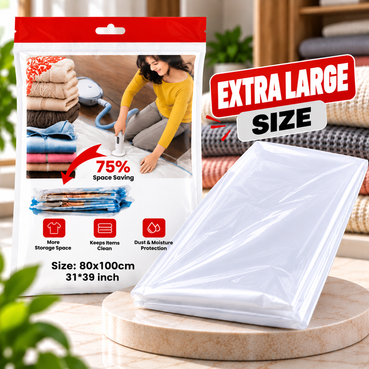 Extra Large Vacuum Storage Bag 80×100 cm – Space Saving Bag for Blankets, Bedding & Clothes